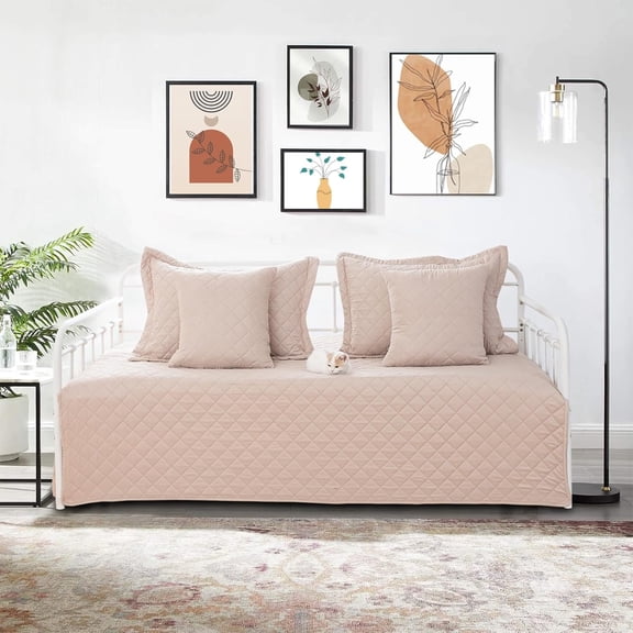 5 Piece Daybed Cover Set Twin Daybed Bedding Sets for All Season Lightweight Daybed Comforter with Matching Shams&Decorative Pillows, Double Sided-Quilting Day Bed Cover,39"x75",Beige