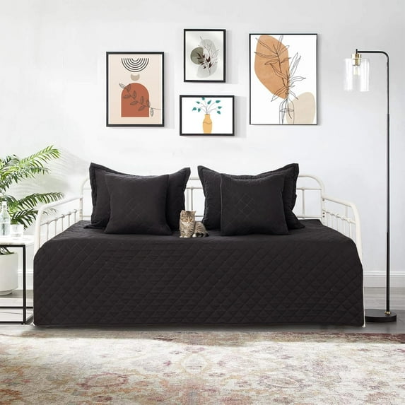 5 Piece Daybed Cover Set Twin Daybed Bedding Sets for All Season Lightweight Daybed Comforter with Matching Shams&Decorative Pillows, Double Sided-Quilting Day Bed Cover,39"x75",Black