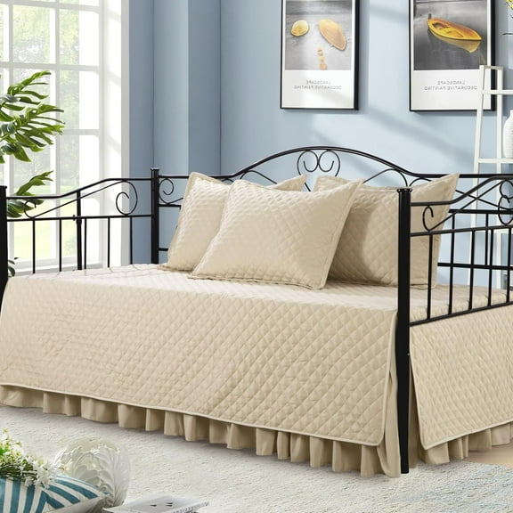 5 Piece Daybed Sets, Quilted Daybed Bedding Set, Twin Size All Season Cozy Daybed Covers Set with Bedskirt and Shams, 75"x39", Beige
