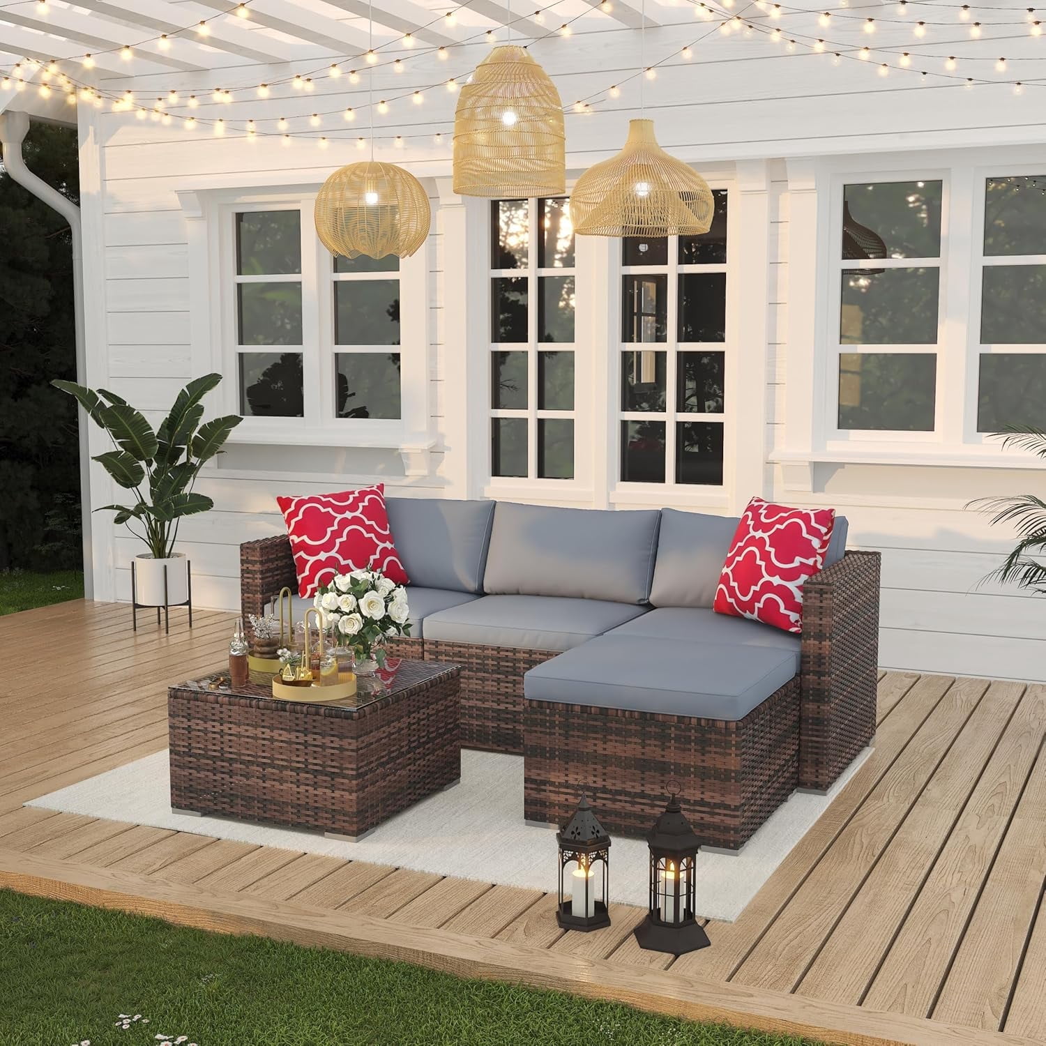 5 Piece Deck Patio Furniture Set, Outdoor Rattan Parlor Sofa Set, All ...