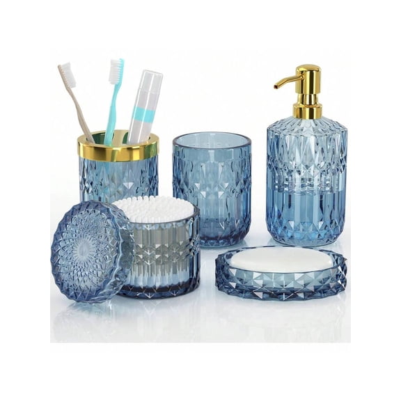 5-Piece Diamond Glass Bathroom Accessory Set, Includes Lotion Dispenser, , Toothbrush Holder, Tumbler & Cotton Swab Jars, Modern Decor For Housewarming Gifts Back To School