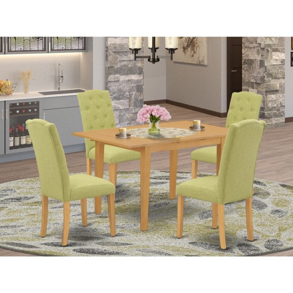 5-Piece Dinette Set - Rectangle Table & 4 Parsons Chairs - Oak Finish, Lime Green Fabric