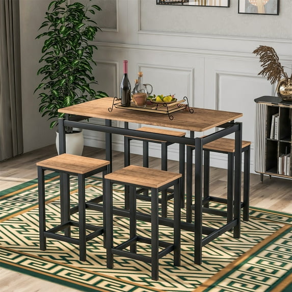5-Piece Dining Room Set, Counter Height Pub Table Set Kitchen Table and Chairs for 4, Rectangle Table and 4 Stools with Wood Tabletop and Metal Frame, for Small Spaces Mini Bar or Patio, Brown