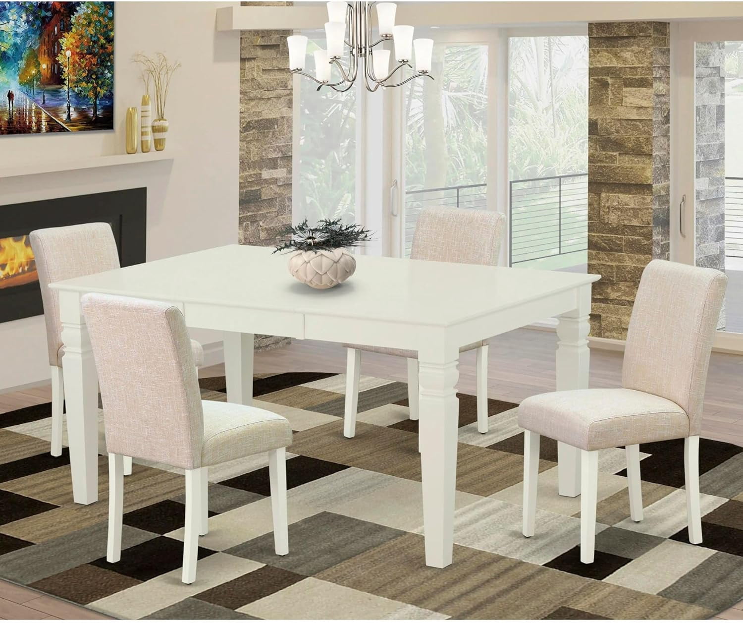 5 Piece Dining Room Set with Rectangle Table and Linen White Chairs ...