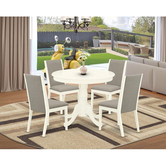 5 Piece Dining Room Set with Round Pedestal Table and Linen Chairs