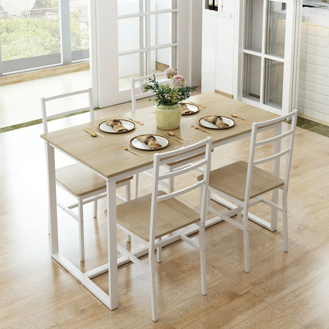 5Piece Compact Dining Set, Wooden Table & 4 Chairs with Metal Legs