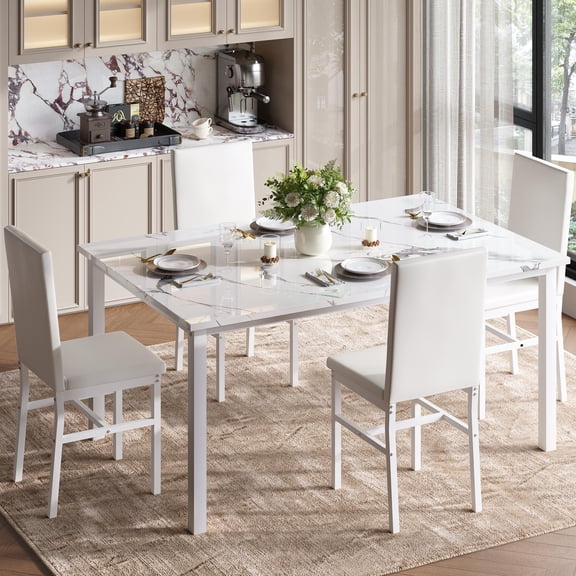 UHOMEPRO Dining Table Set for 4, 5 Piece Dining Room Table Set with Beige PU Leather Chairs, White Faux Marble Pattern Rectangle Kitchen Table Set for Breakfast Nook Small Space