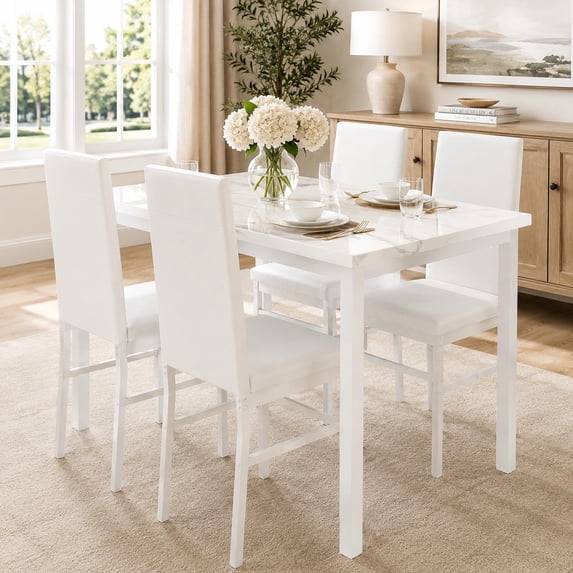 UHOMEPRO Dining Table Set for 4, 5 Piece Dining Room Table Set with Beige PU Leather Chairs, White Faux Marble Pattern Rectangle Kitchen Table Set for Breakfast Nook Small Space