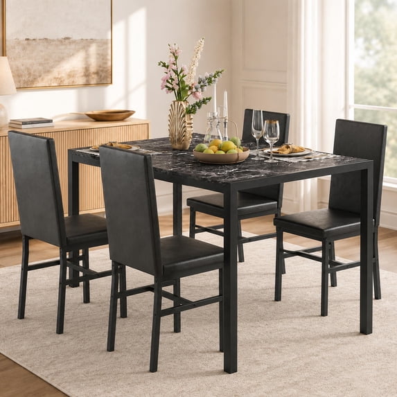 UHOMEPRO Dining Table Set for 4, 5 Piece Dining Room Table Set with Black PU Leather Chairs, Brown Faux Marble Pattern Rectangle Kitchen Table Set for Breakfast Nook Small Space