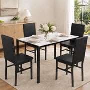 UHOMEPRO Dining Table Set for 4, 5 Piece Dining Room Table Set with Black PU Leather Chairs, White Faux Marble Pattern Rectangle Kitchen Table Set for Breakfast Nook Small Space
