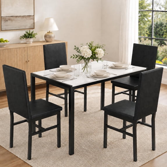 UHOMEPRO Dining Table Set for 4, 5 Piece Dining Room Table Set with Black PU Leather Chairs, White Faux Marble Pattern Rectangle Kitchen Table Set for Breakfast Nook Small Space