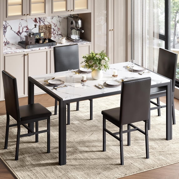 UHOMEPRO Dining Table Set for 4, 5 Piece Dining Room Table Set with Black PU Leather Chairs, White Faux Marble Pattern Rectangle Kitchen Table Set for Breakfast Nook Small Space