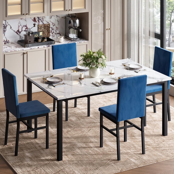 UHOMEPRO Dining Table Set for 4, 5 Piece Dining Room Table Set with Blue Velvet Upholstered Chairs, White Faux Marble Pattern Rectangle Kitchen Table Set for Breakfast Nook Small Space