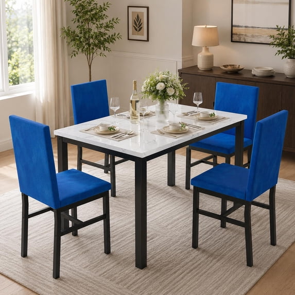 UHOMEPRO Dining Table Set for 4, 5 Piece Dining Room Table Set with Blue Velvet Upholstered Chairs, White Faux Marble Pattern Rectangle Kitchen Table Set for Breakfast Nook Small Space
