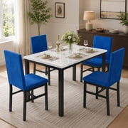 UHOMEPRO Dining Table Set for 4, 5 Piece Dining Room Table Set with Blue Velvet Upholstered Chairs, White Faux Marble Pattern Rectangle Kitchen Table Set for Breakfast Nook Small Space