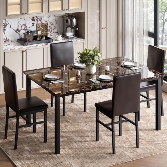 UHOMEPRO Dining Table Set for 4, 5 Piece Dining Room Table Set with Brown PU Leather Chairs, Brown Faux Marble Pattern Rectangle Kitchen Table Set for Breakfast Nook Small Space