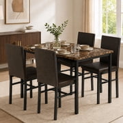 UHOMEPRO Dining Table Set for 4, 5 Piece Dining Room Table Set with Brown PU Leather Chairs, Brown Faux Marble Pattern Rectangle Kitchen Table Set for Breakfast