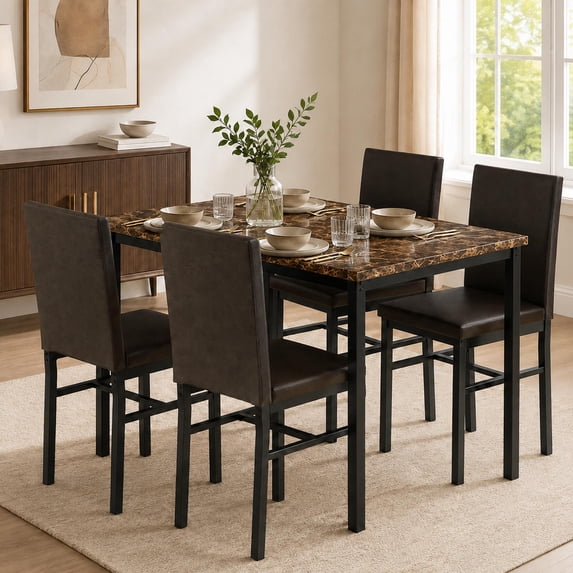 UHOMEPRO Dining Table Set for 4, 5 Piece Dining Room Table Set with Brown PU Leather Chairs, Brown Faux Marble Pattern Rectangle Kitchen Table Set for Breakfast Nook Small Space