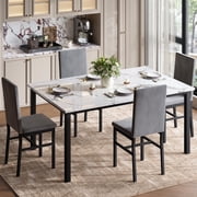 UHOMEPRO Dining Table Set for 4, 5 Piece Dining Room Table Set with Gray Velvet Upholstered Chairs, White Faux Marble Pattern Rectangle Kitchen Table Set for Br