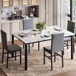 UHOMEPRO Dining Table Set for 4, 5 Piece Dining Room Table Set with Gray Velvet Upholstered Chairs, White Faux Marble Pattern Rectangle Kitchen Table Set for Breakfast Nook Small Space