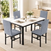 UHOMEPRO Dining Table Set for 4, 5 Piece Dining Room Table Set with Gray Velvet Upholstered Chairs, White Faux Marble Pattern Rectangle Kitchen Table Set for Breakfast Nook Small Space