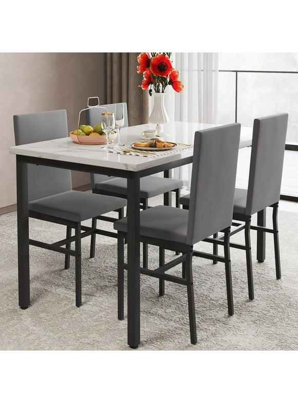 5 Piece Dining Room Table Set, Modern Dining Table Sets with Gray Velvet Upholstered Chairs for 4, Faux Marble Pattern Rectangle Kitchen Table Set for Bar Living RoomBreakfast NookSmall Space, L802