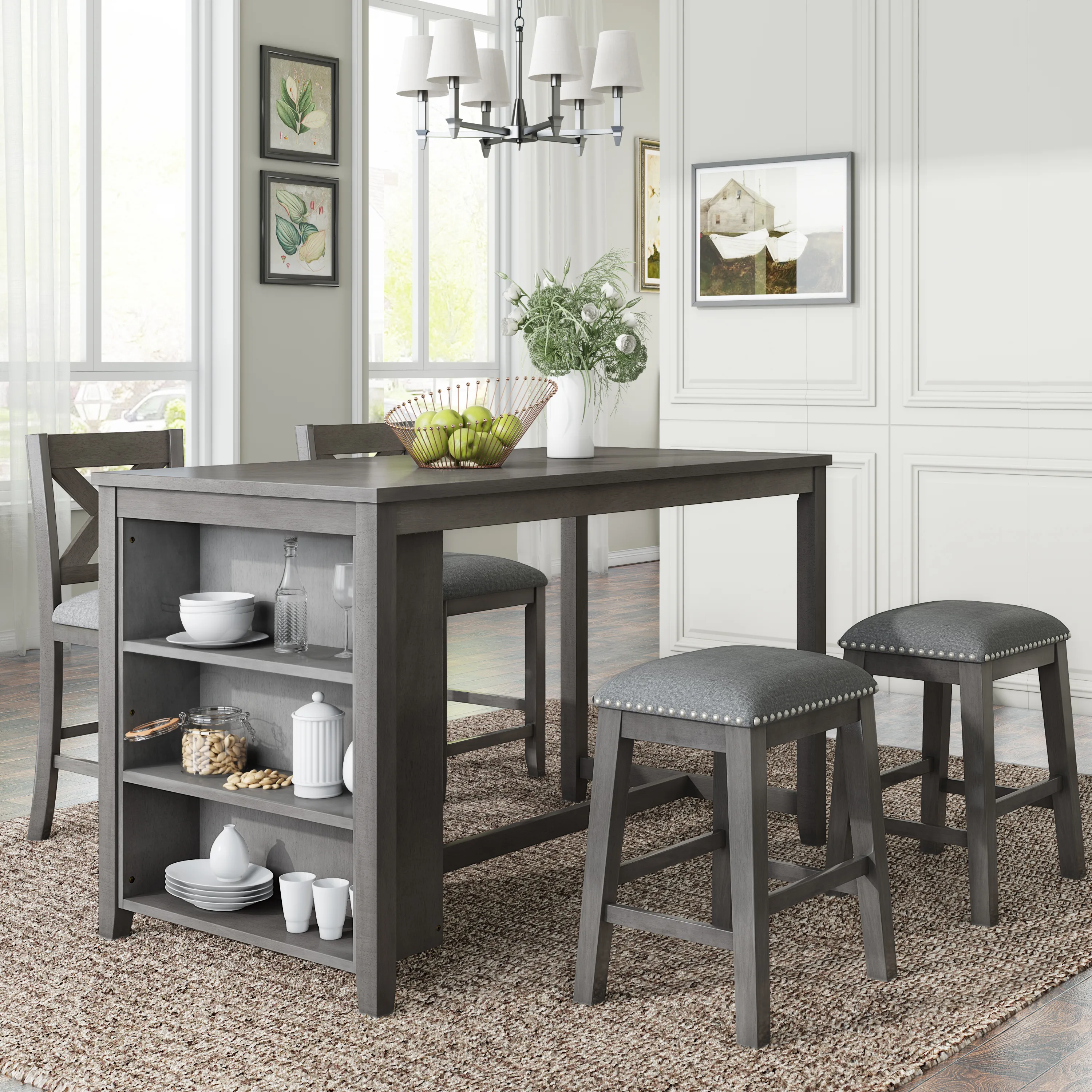 5 Piece Dining Room Table Set Rustic Farmhouse Compact Bar Pub