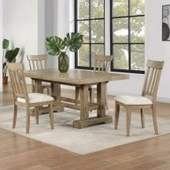 5 Piece Dining - Sand Mango Veneers & Hardwoods, Plank-effect Table With Double Pedestal, 4 Upholstered Seats, Expands To 108", Brown Attraction And Asian Hardwoods Furniture, Plank-top Base, Seat