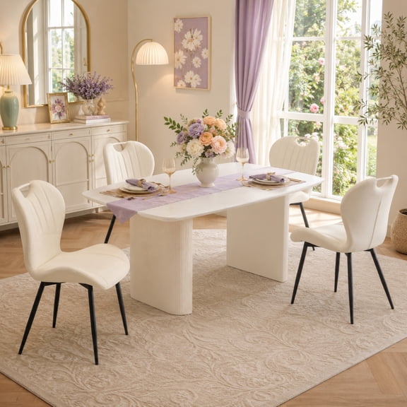 5-Piece Dining Set 67" White Table with 4 PU Leather Chairs for Kitchen