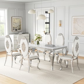 5-Piece Dining Set, 69" Rectangular Faux Marble Table and Luxurious 4 Carved Back Faux Leather Dining Chairs, Stainless Steel Legs, for Living Rooms, Apartments