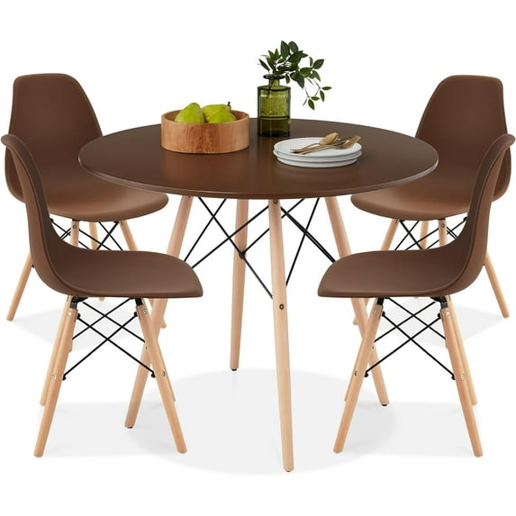 5-Piece Dining Set, Compact Mid-Century Modern Table & Chair Set for Home, Apartment w/ 4 Chairs, Plastic Seats, Wooden Legs, Metal Frame - Brown/Oak