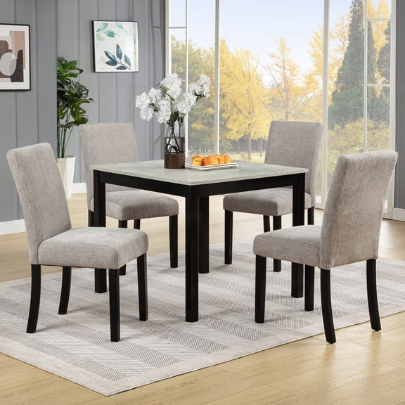 5-Piece Dining Set with Concrete-Effect Melamine Tabletop, Modern Wooden Dining Table Set, Solid Wood Kitchen Table Chairs Set of 4 for Dining Room, Kitchen, Restaurant, Grey&Black