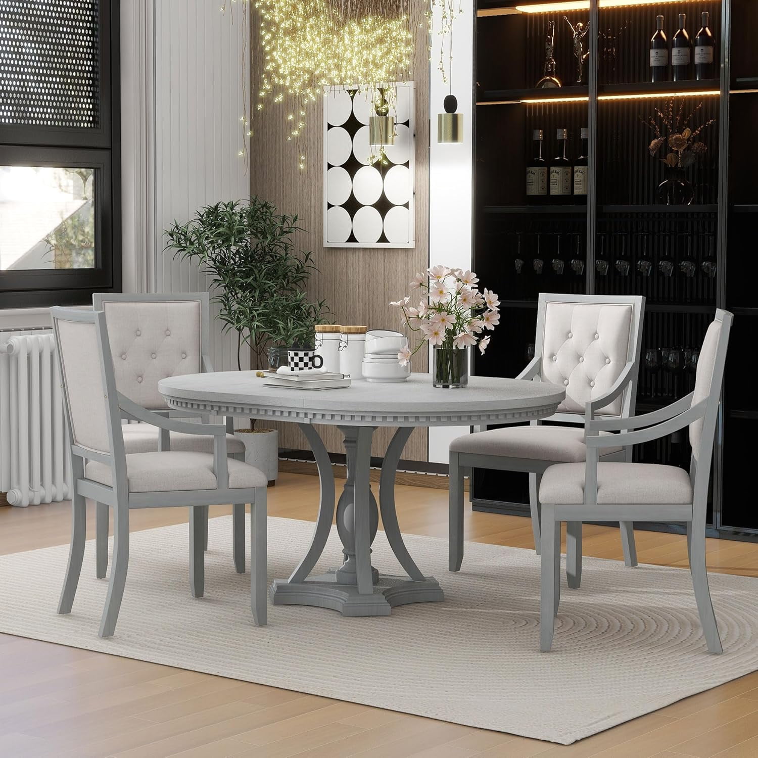 5Piece Dining Set with Extendable Table and 4 Upholstered Chairs Round