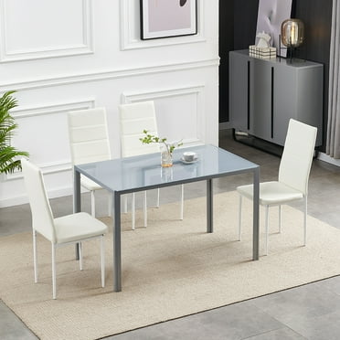 5 Piece Dining Set Glass Table Top and 4 PU Chairs Set of 5 (4 People Seating Capacity) Dining Chairs Armless Chairs Side Chairs PU Leather White