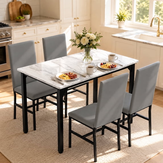 SYNGAR 5 Piece Dining Table Set for 4, Faux Marble Kitchen Table and 4 Upholstered Chairs, Space-Saving Dinette Set for Small Spaces, Gray Chair/White Tabletop