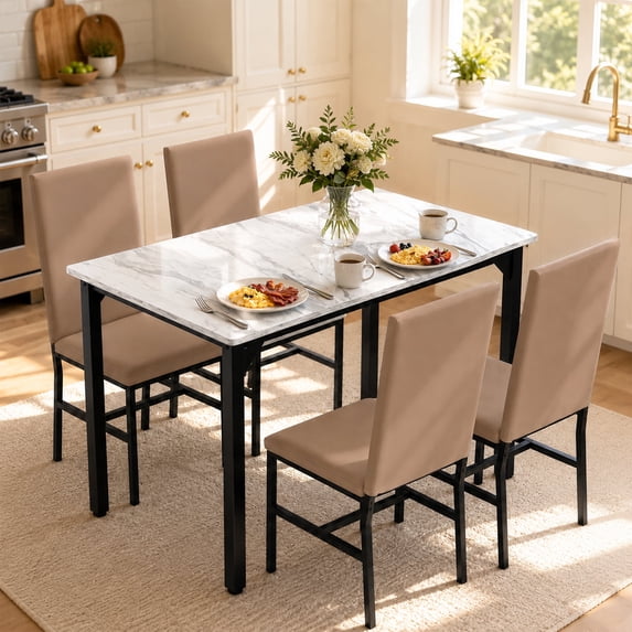 SYNGAR 5 Piece Kitchen Table and Chairs Set for 4, Faux Marble Dining Table with 4 Upholstered Chairs, Breakfast Nook Dining Set, Khaki Chair/White Tabletop