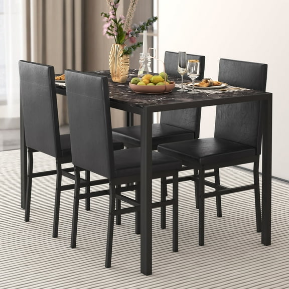 5 Piece Dining Set, Modern Dining Table and Chairs Set for 4, Kitchen Dining Table Set with Faux Marble Tabletop and 4 PU Leather Upholstered Chairs, for Small Space, Breakfast Nook, D9259