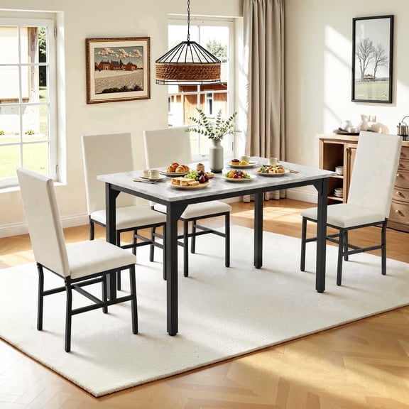5 Piece Dining Set, Modern Dining Table and Chairs Set for 4, Kitchen Dining Table Set with Faux Marble Tabletop and 4 PU Leather Upholstered Chairs, for Small Space, Breakfast Nook, White, D9291