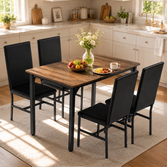 SYNGAR Dining Table Set for 4, 5 Piece Faux Marble Kitchen Table with 4 Upholstered Chairs, Compact Dining Room Set for Small Spaces, Black Chair/Brown Tabletop