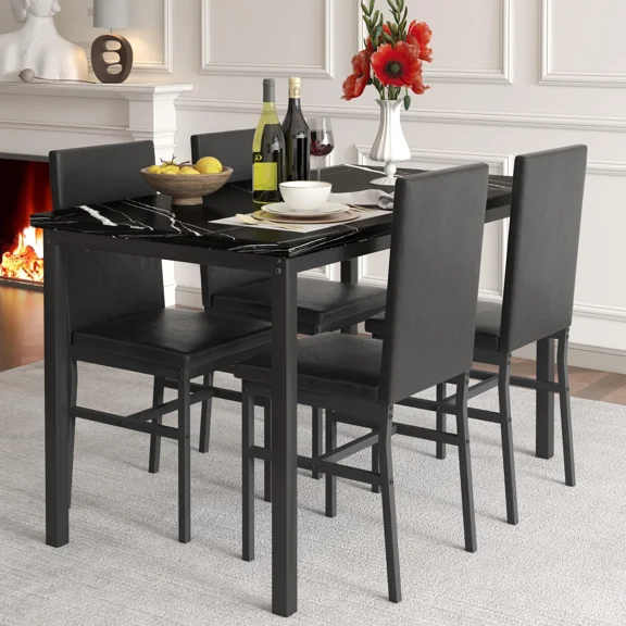 5 Piece Dining Set, Modern Dining Table and Chairs Set for 4, Kitchen Dining Table Set with Faux Marble Tabletop and 4 Upholstered Chairs, for Small Space, Breakfast Nook, D8531