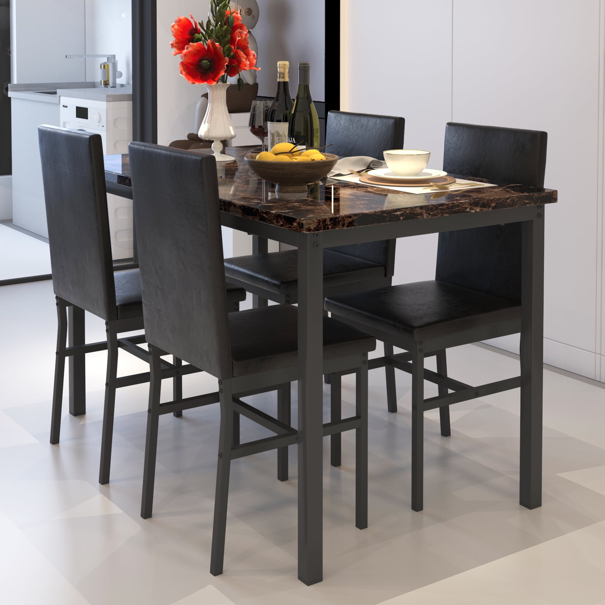 5-Piece Dining Set for 4, Faux Marble Table, PU Leather Chairs, Brown D9291