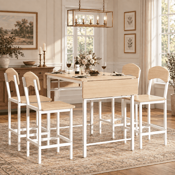 Dining Table Set for 4, PAPROOS 5 Piece Dining Set with Chairs, Counter Height 35-55'' Drop Leaf Dinner Table and 4 Stools for Kitchen Dining Room Breakfast Nook, Natural & White