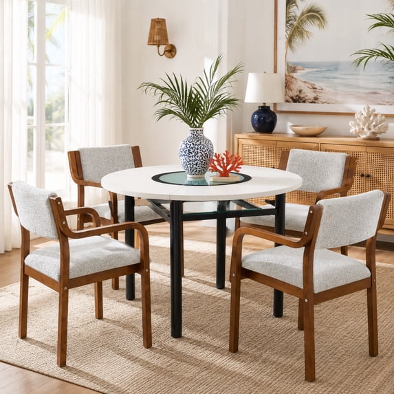 5-Piece Dining Set With 42" Round Table and 4 Light Gray Fabric Chairs for Dining Room