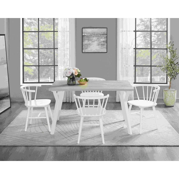 5 Piece Dining Set for Small Kitchen, White and Wood Rectangular Table with 4 Windsor Chairs, MDF and Solid Wood, Brown and Antique White