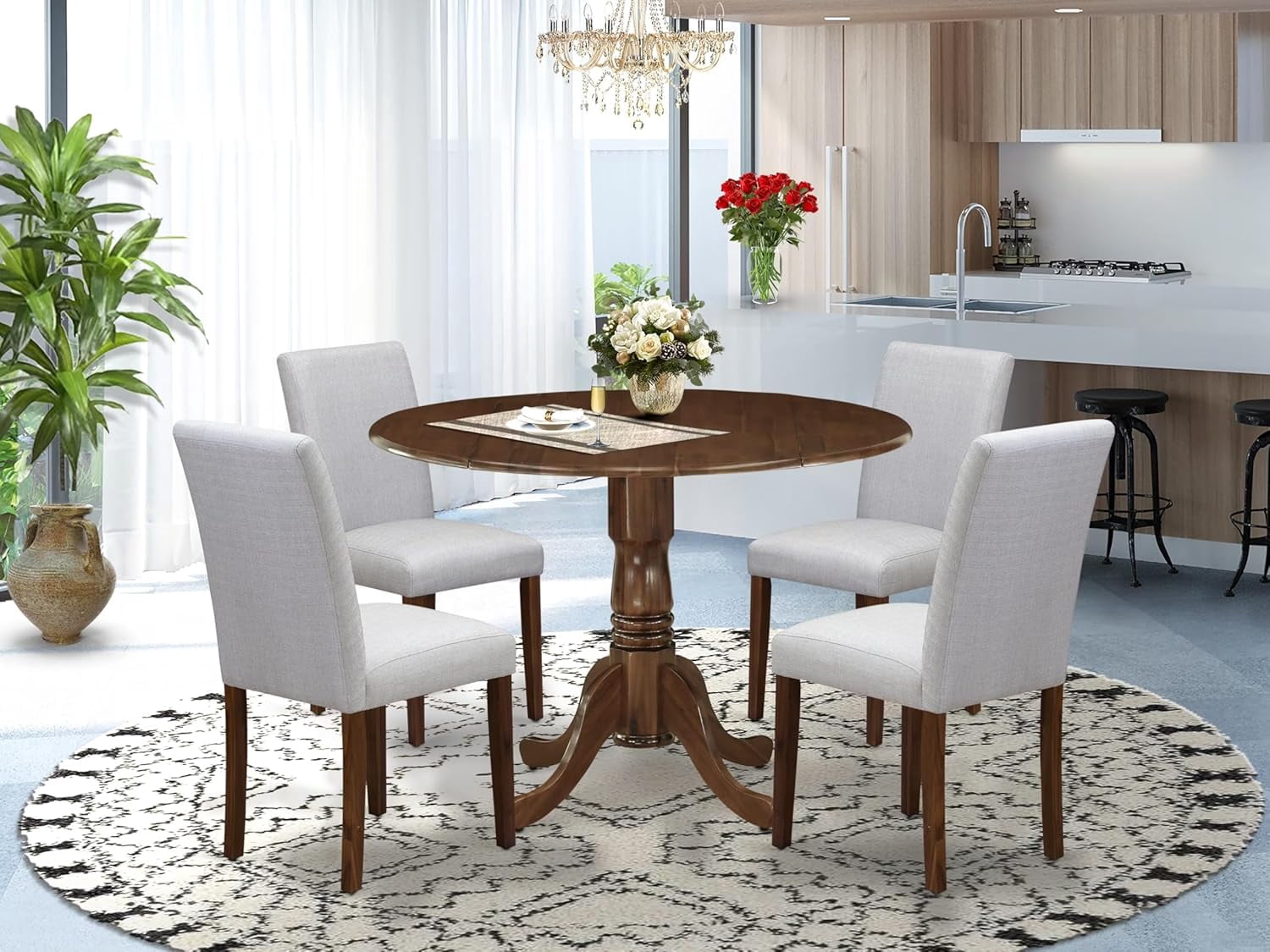 5 Piece Dining Set with Round Table and Upholstered Chairs, Antique ...