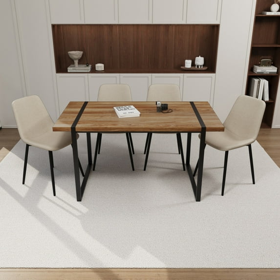 5-Piece Dining Table with Chairs, 4 Chair Dining Table Set, Modern Suede Dinner Chairs with Rectangular Dining Table Metal Base, Brown Table+Beige Chair