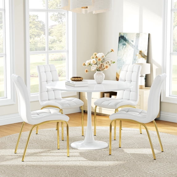 5-Piece Dining Table Set, 31.5" Round Tulip Pedestal Dining Table and 4 Ergonomically Designed PU Chairs, Dining Table Set for Kitchen, Living Room, Office