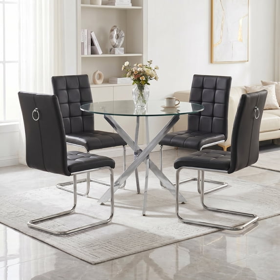 5-Piece 36" Round Glass Dining Set, Clear Tempered Glass Table & 4 PU Leather Chairs with Stainless Steel Legs for Kitchen, Meeting Room
