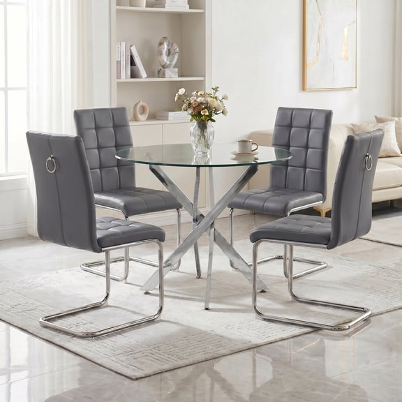 5-Piece Dining Table Set, 36" Round Clear Tempered Glass Table & 4 PU Cantilever Chairs with Stainless Steel Legs, Dining Table Set for Small Space, Apartment, Home Office