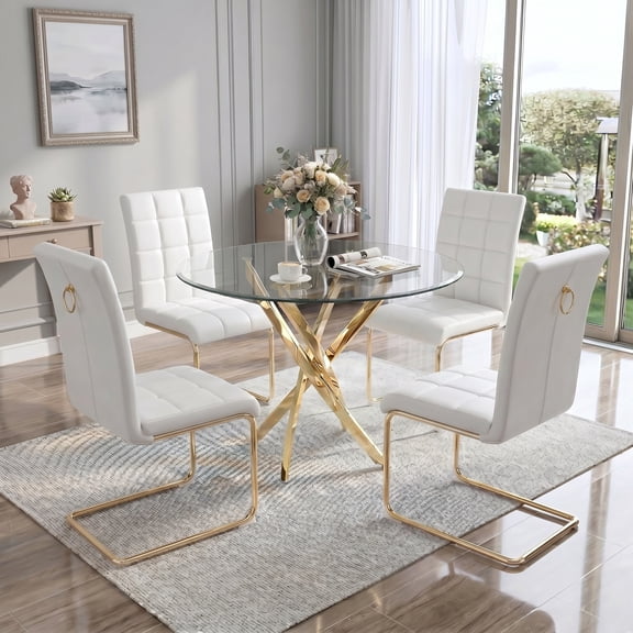 5-Piece Dining Table Set, 36" Round Clear Tempered Glass Table & 4 PU Cantilever Chairs with Stainless Steel Legs, Dining Table Set for Small Space, Apartment, Home Office
